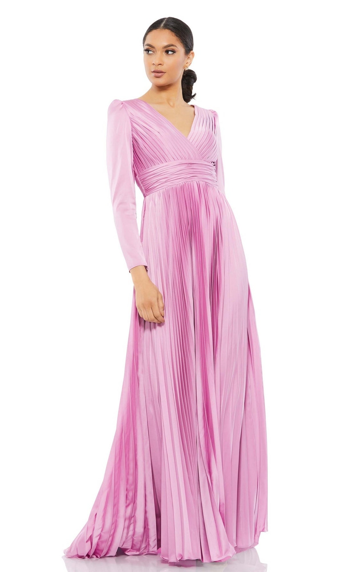 A woman wears the Long Formal Dress 26542 by Mac Duggal, featuring long sleeves, a floor-length pleated skirt, V-neckline, and fitted waist, standing against a plain white background.